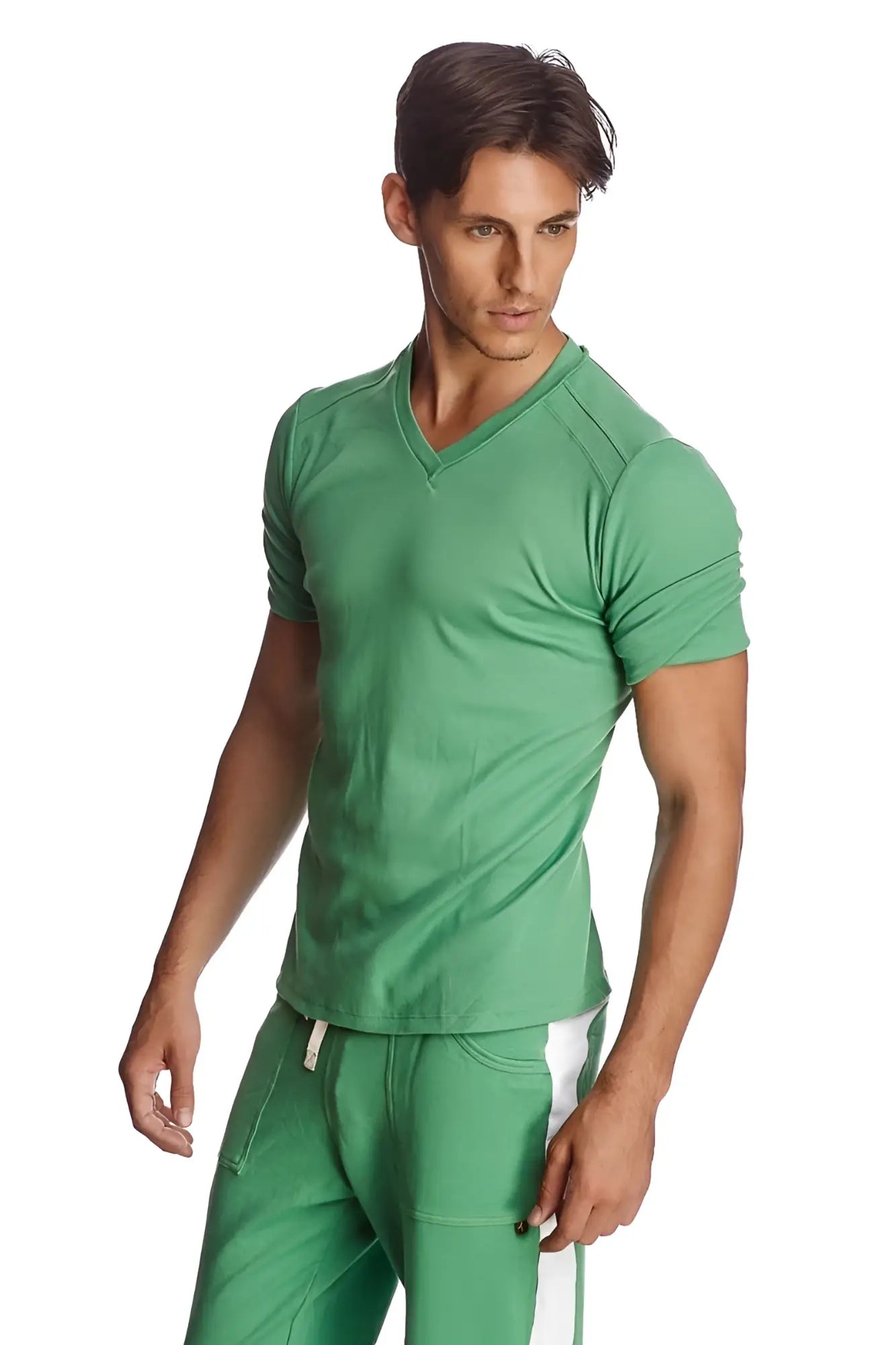A sleek fitted green bamboo v neck short sleeve t shirt with subtle ribbed texture and modern design hybrid v neck