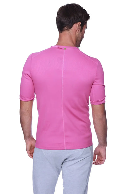Vibrant pink hybrid v-neck athletic shirt in ribbed fabric shown from the back with subtle vertical seam