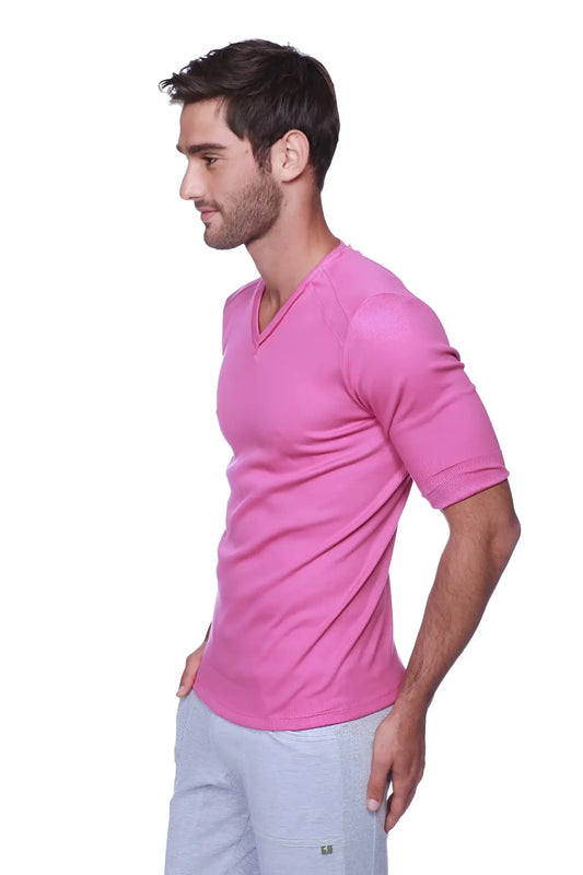 A vibrant pink hybrid v neck t shirt made of soft stretchy fabric with short sleeves for comfortable wear