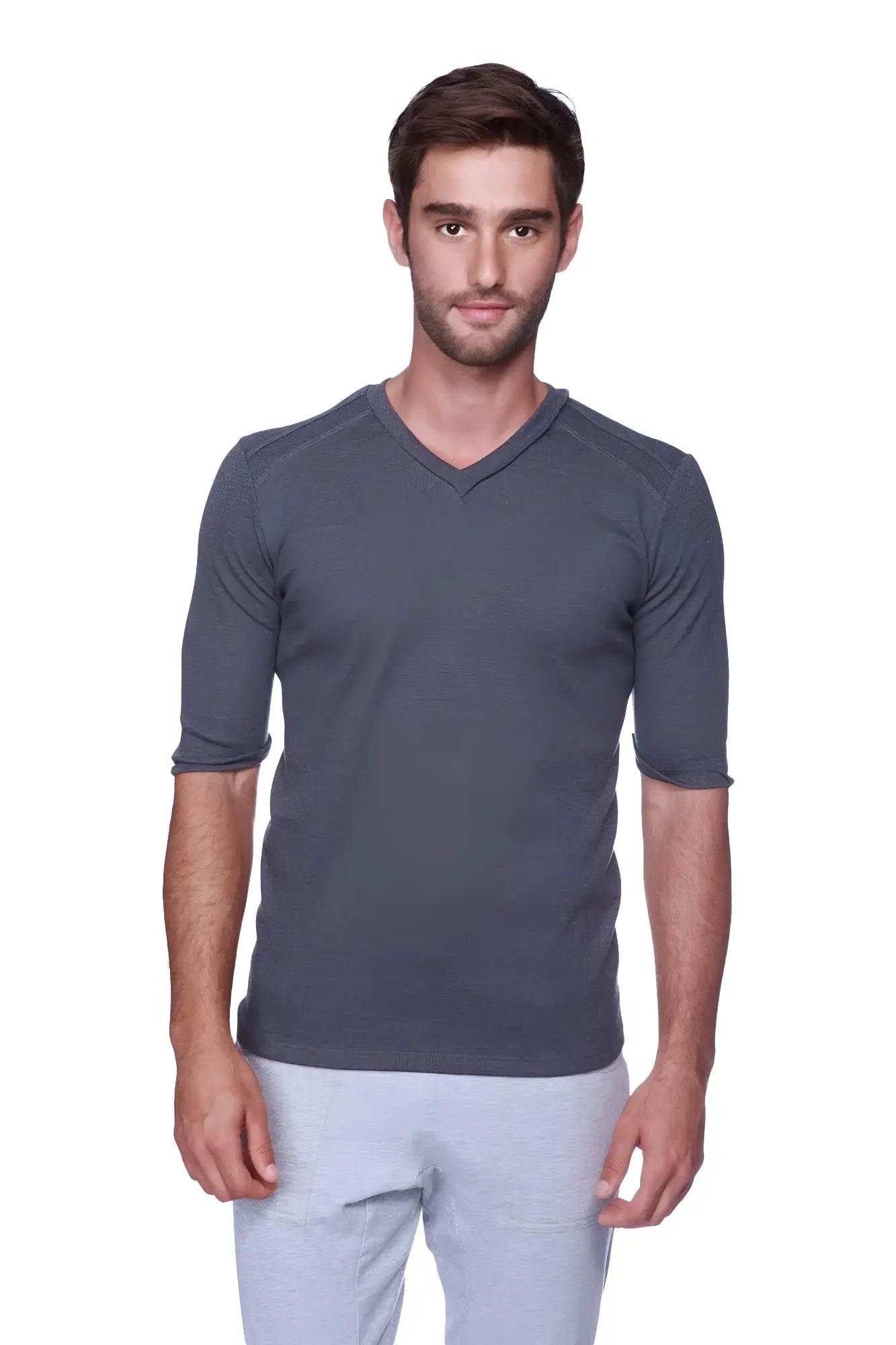 Dark gray textured hybrid v neck short sleeve shirt in charcoal with soft breathable fabric for everyday wear