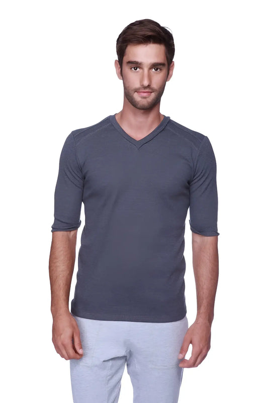 Dark gray textured hybrid v neck short sleeve shirt in charcoal with soft breathable fabric for everyday wear
