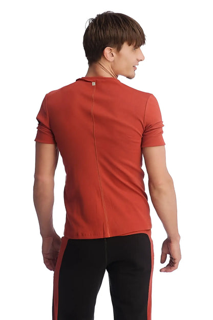A sleek rust-orange hybrid v-neck short-sleeved t-shirt showing the back with a subtle vertical seam