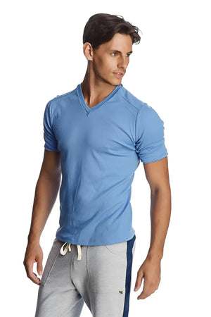 Light blue ribbed hybrid v-neck short-sleeve t-shirt made of soft breathable fabric for casual wear
