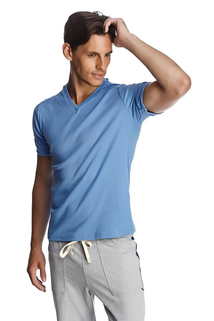 A light blue hybrid v-neck t-shirt with short sleeves and subtle ribbed texture perfect for casual wear