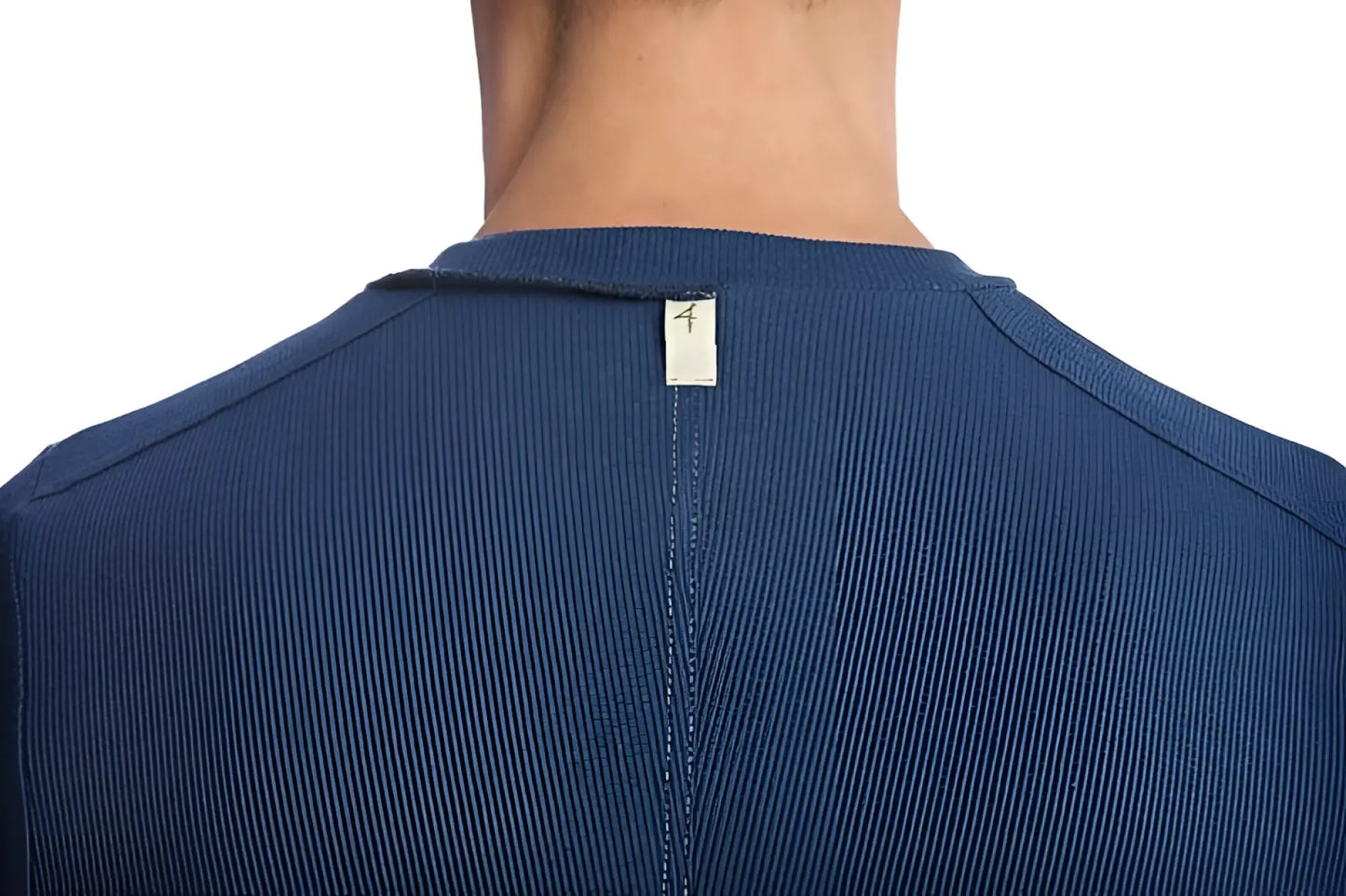 Blue ribbed knit hybrid v-neck shirt in royal with a small white tag at the neckline