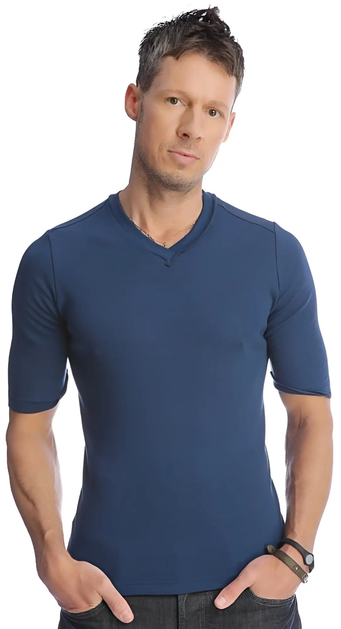 Navy blue hybrid v-neck short-sleeved cotton t-shirt with royal fit for casual wear