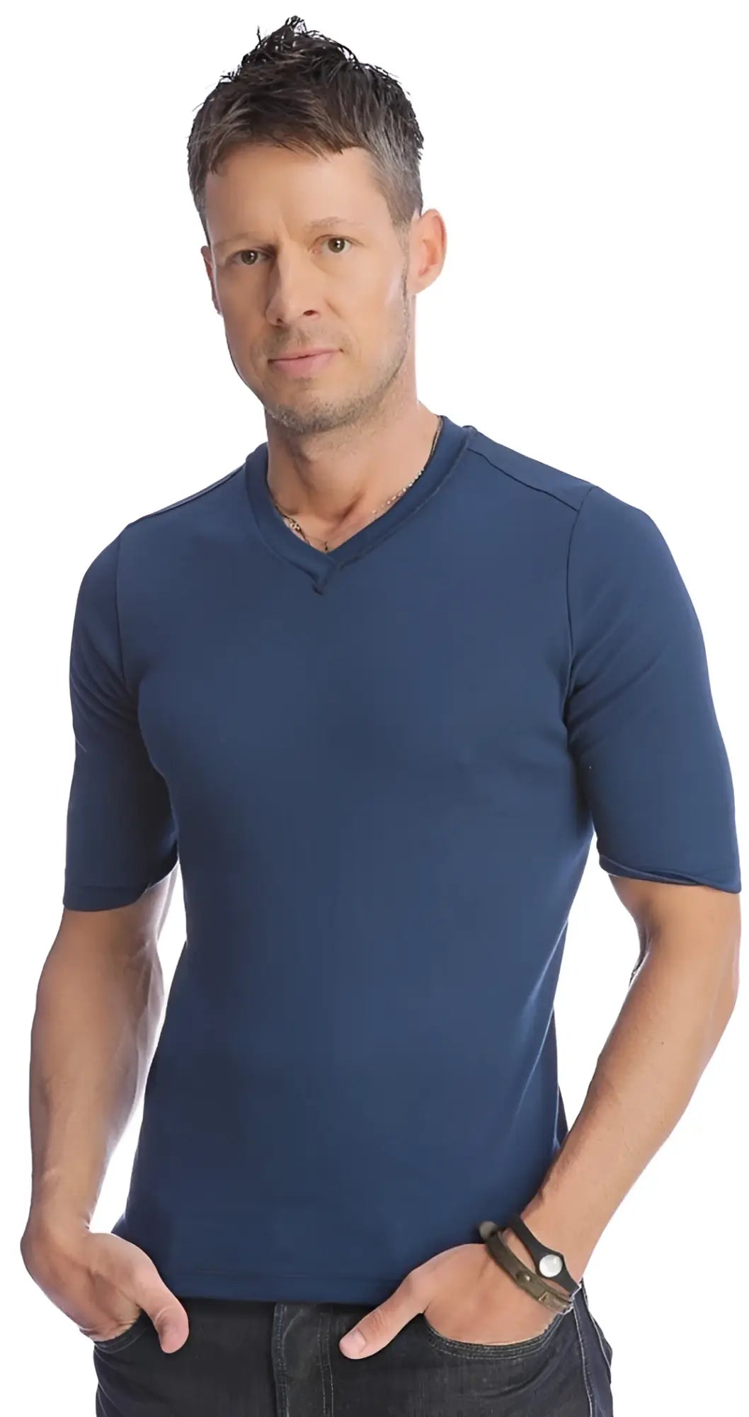 Navy blue hybrid v-neck short-sleeved cotton tee for casual wear shown from the front