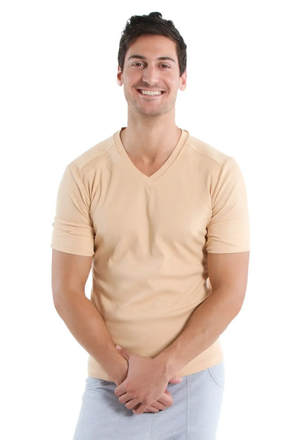 Beige v-neck short-sleeved cotton t-shirt hybrid v-neck sand beige front view visible in natural light
