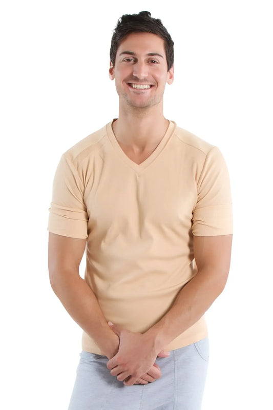 Beige v-neck short-sleeved cotton t-shirt hybrid v-neck sand beige front view visible in natural light