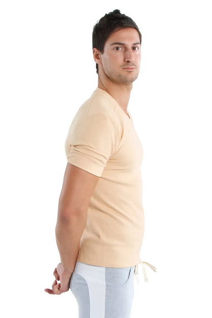 Beige v-neck short-sleeved t-shirt with rolled sleeves and drawstring hem in sand beige hybrid fabric