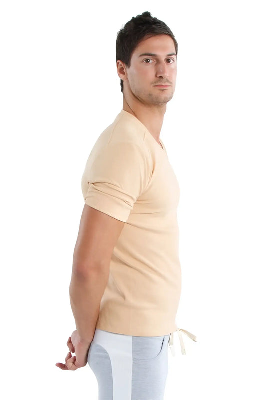 Beige v-neck short-sleeved t-shirt with rolled sleeves and drawstring hem in sand beige hybrid fabric