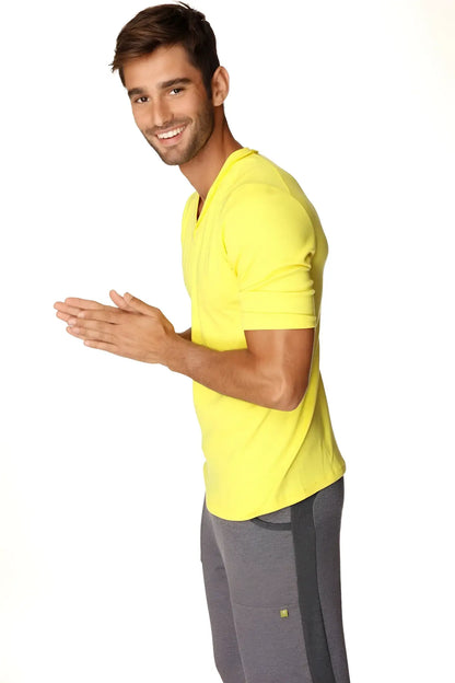 Bright yellow hybrid v-neck short-sleeved t-shirt made from lightweight fabric ideal for casual wear