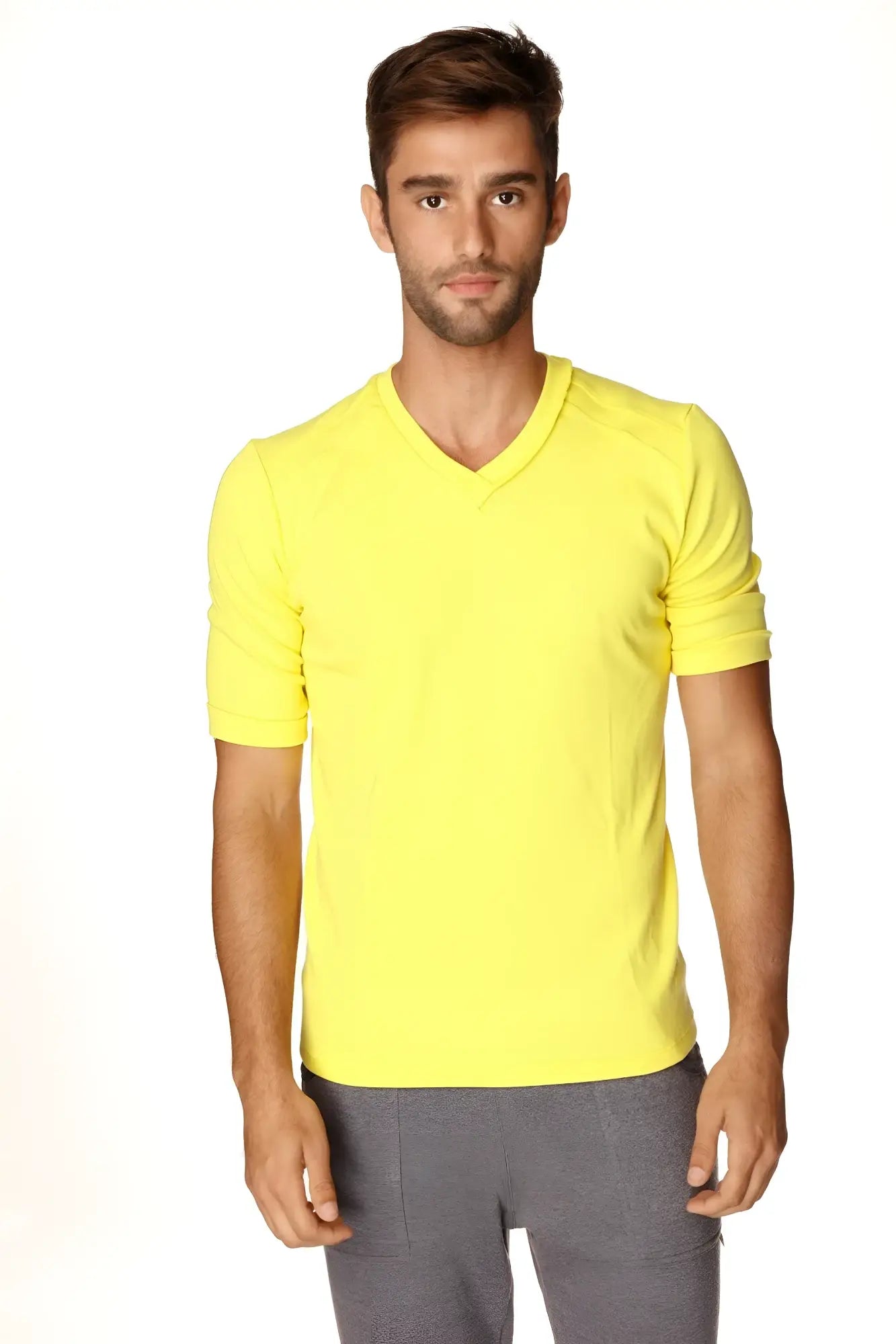 Bright yellow hybrid v-neck short-sleeved t-shirt made from lightweight breathable fabric for casual wear