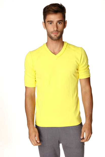 Bright yellow hybrid v-neck short-sleeved t-shirt made from lightweight breathable fabric for casual wear