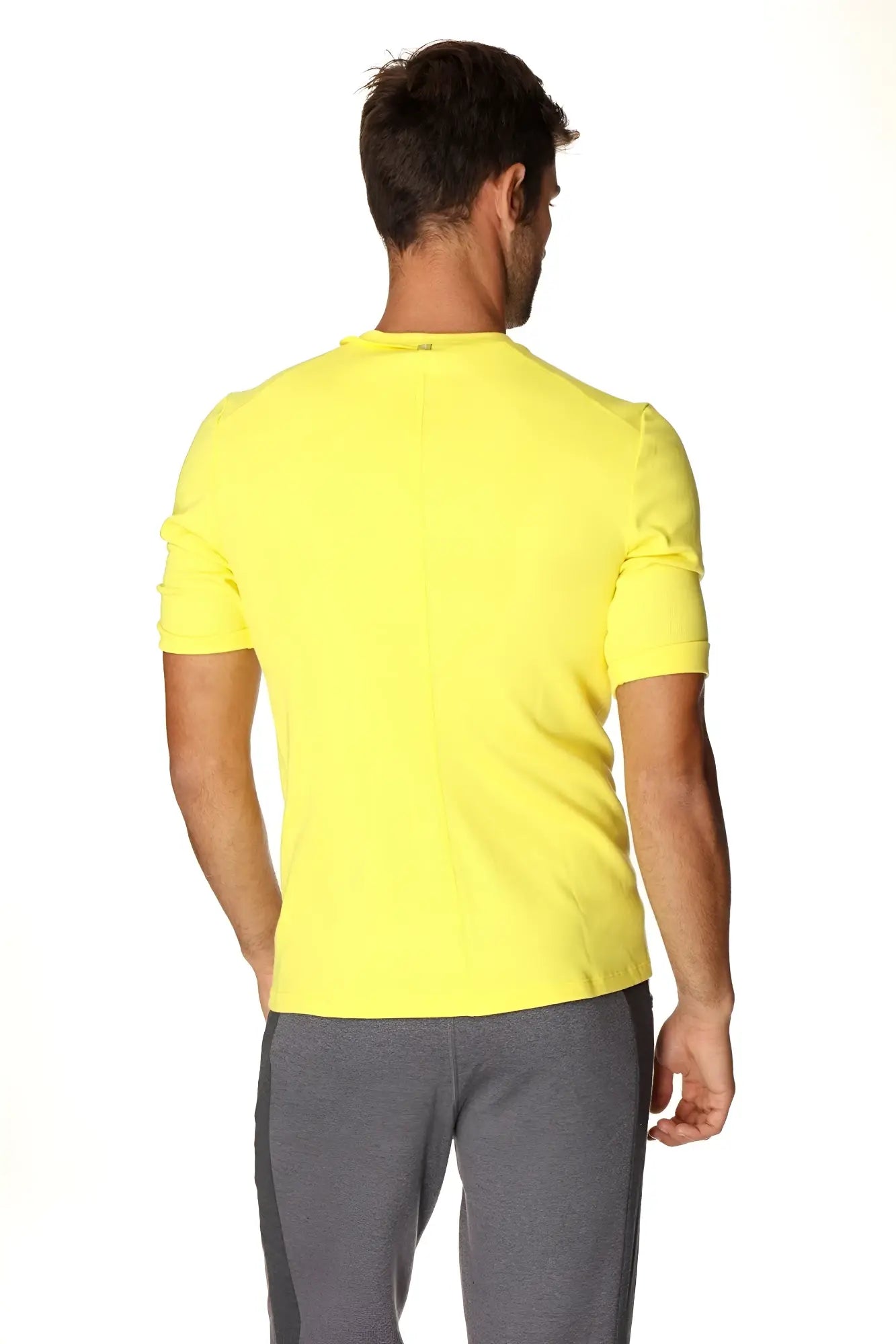 Bright yellow short-sleeved hybrid v-neck t-shirt with a simple crew neck design perfect for casual wear