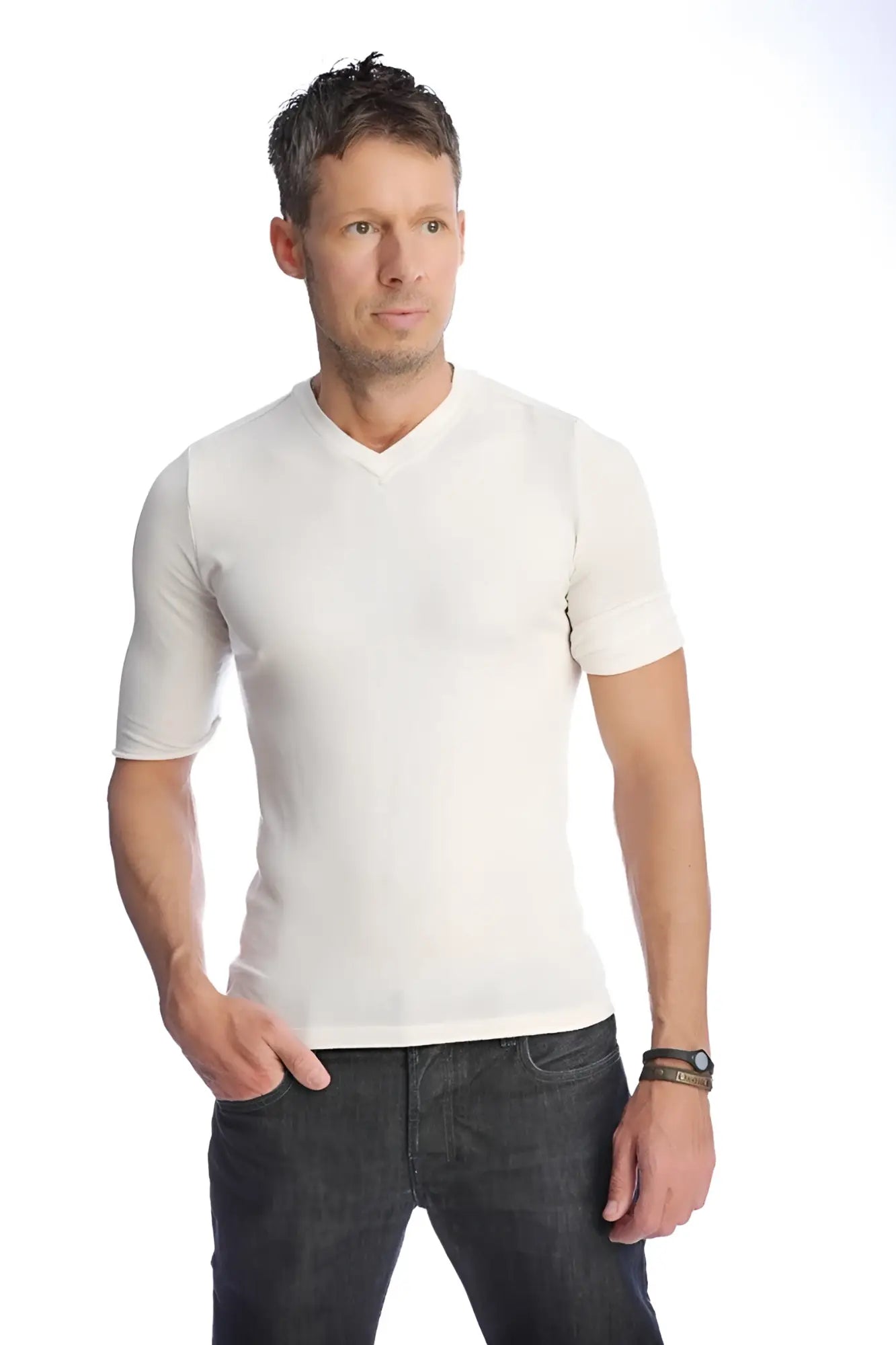 A crisp white hybrid v neck short sleeve t shirt with smooth fitted fabric perfect for casual wear