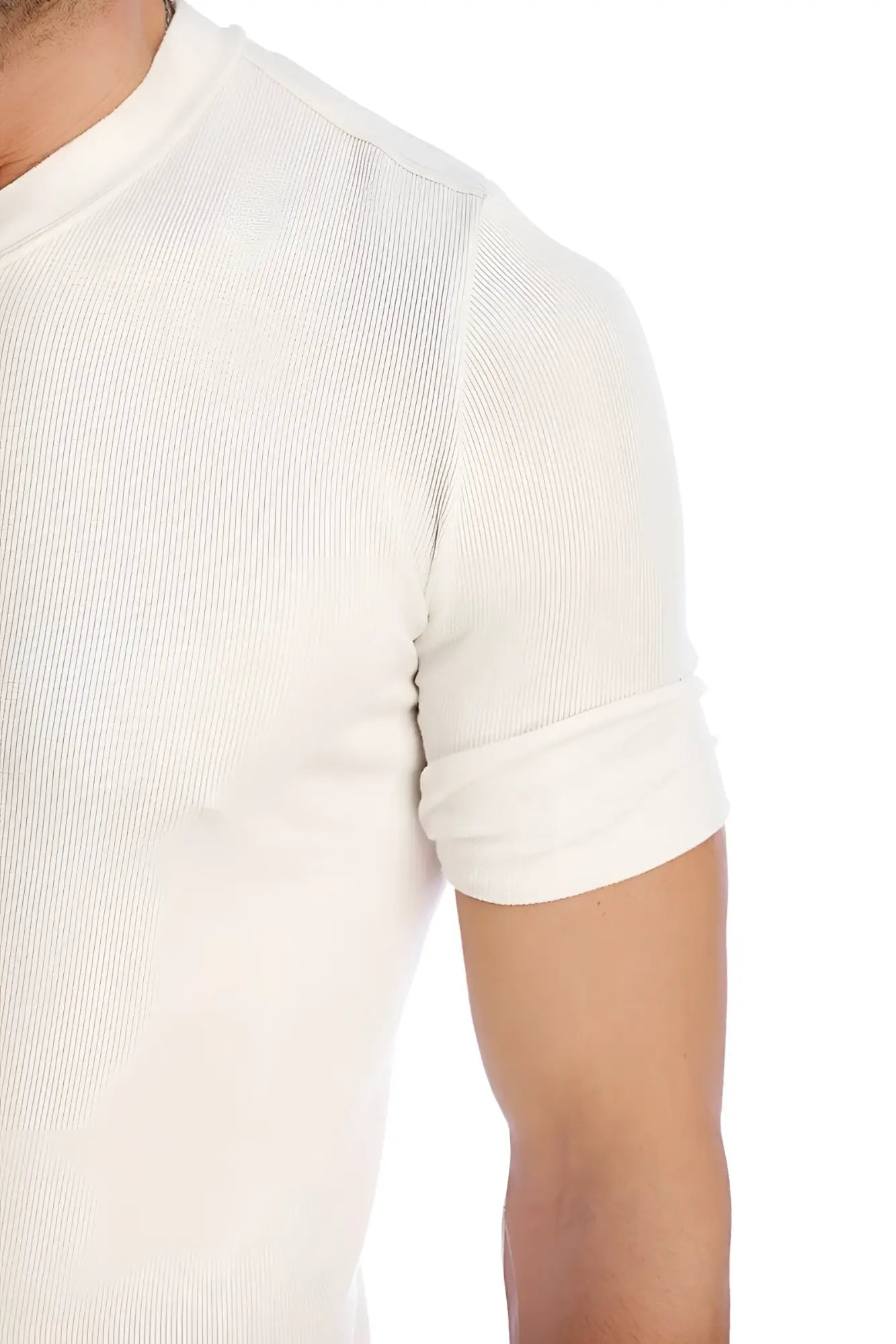 A white ribbed short-sleeved t-shirt with a crew neck from the hybrid v-neck collection
