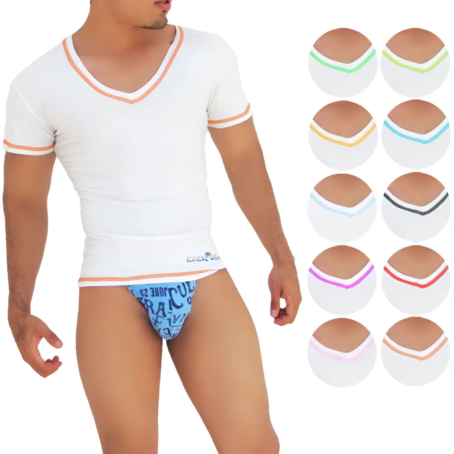 White v-neck short-sleeved shirt with orange trim and contrast stitching in a snug fit from icker sea 10 pack