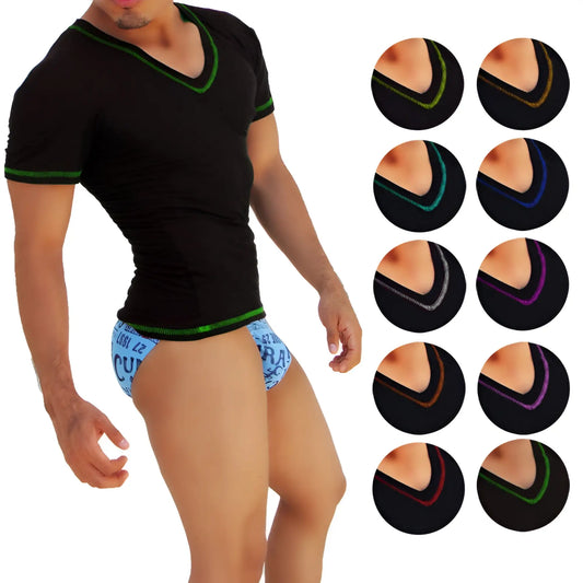 Icker Sea 10 pack contrast stitching v neck short sleeved t shirt in black with green trim