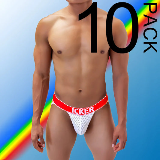 White mesh briefs with red waistband featuring icker branding from icker sea 10 pack mesh contrast jock strap underwear
