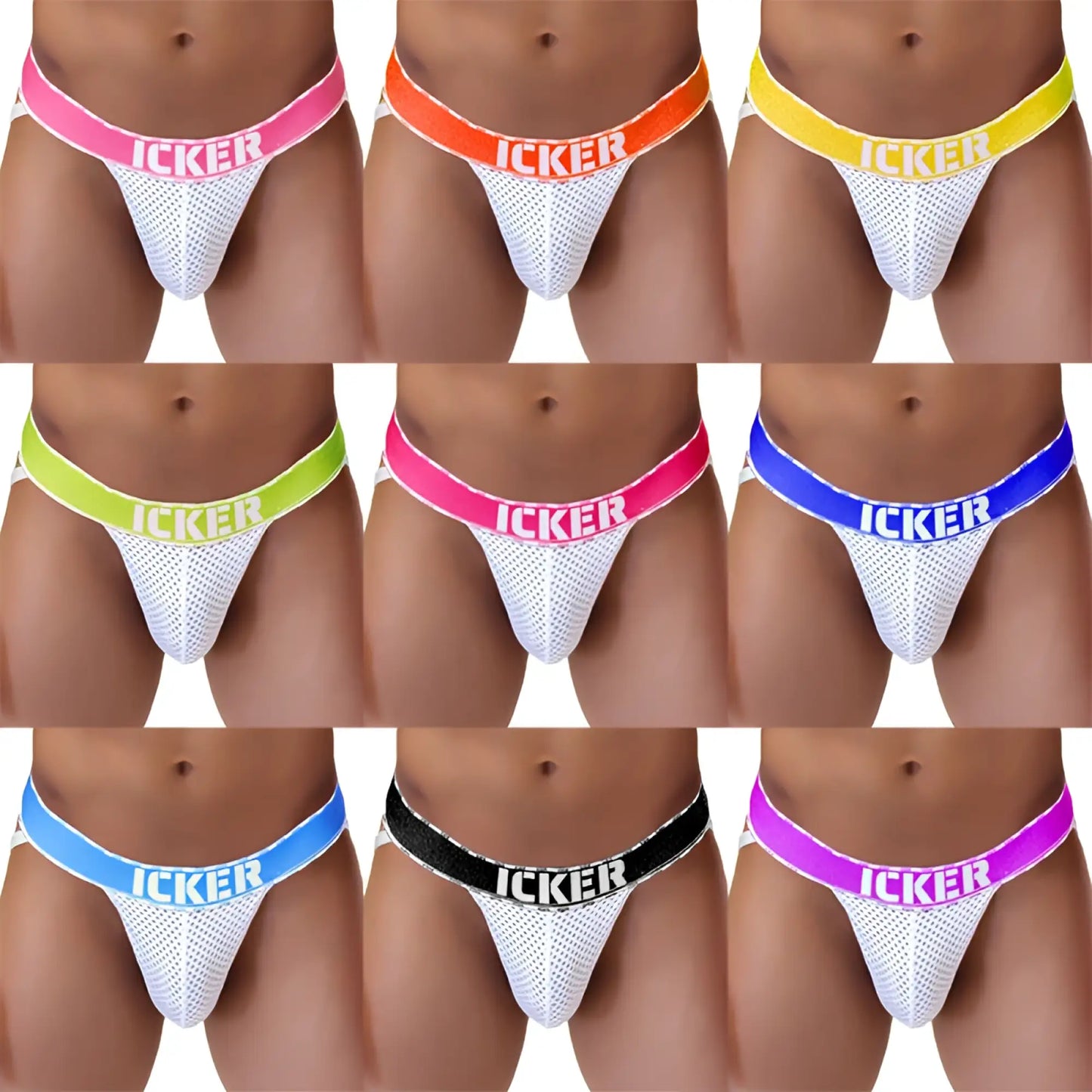 White mesh jockstraps with colorful Icker brand elastic waistbands.