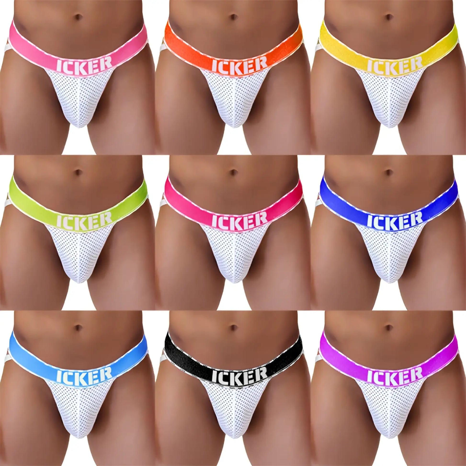 White mesh jockstraps with colorful Icker brand elastic waistbands.