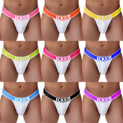 White mesh jockstraps with colorful Icker brand elastic waistbands.