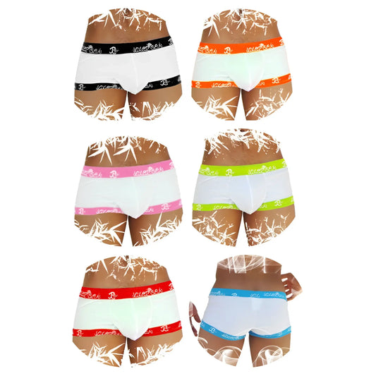 Icker Sea 6 pack white bamboo leaf pattern boxer briefs with colorful elastic waistbands in assorted colors