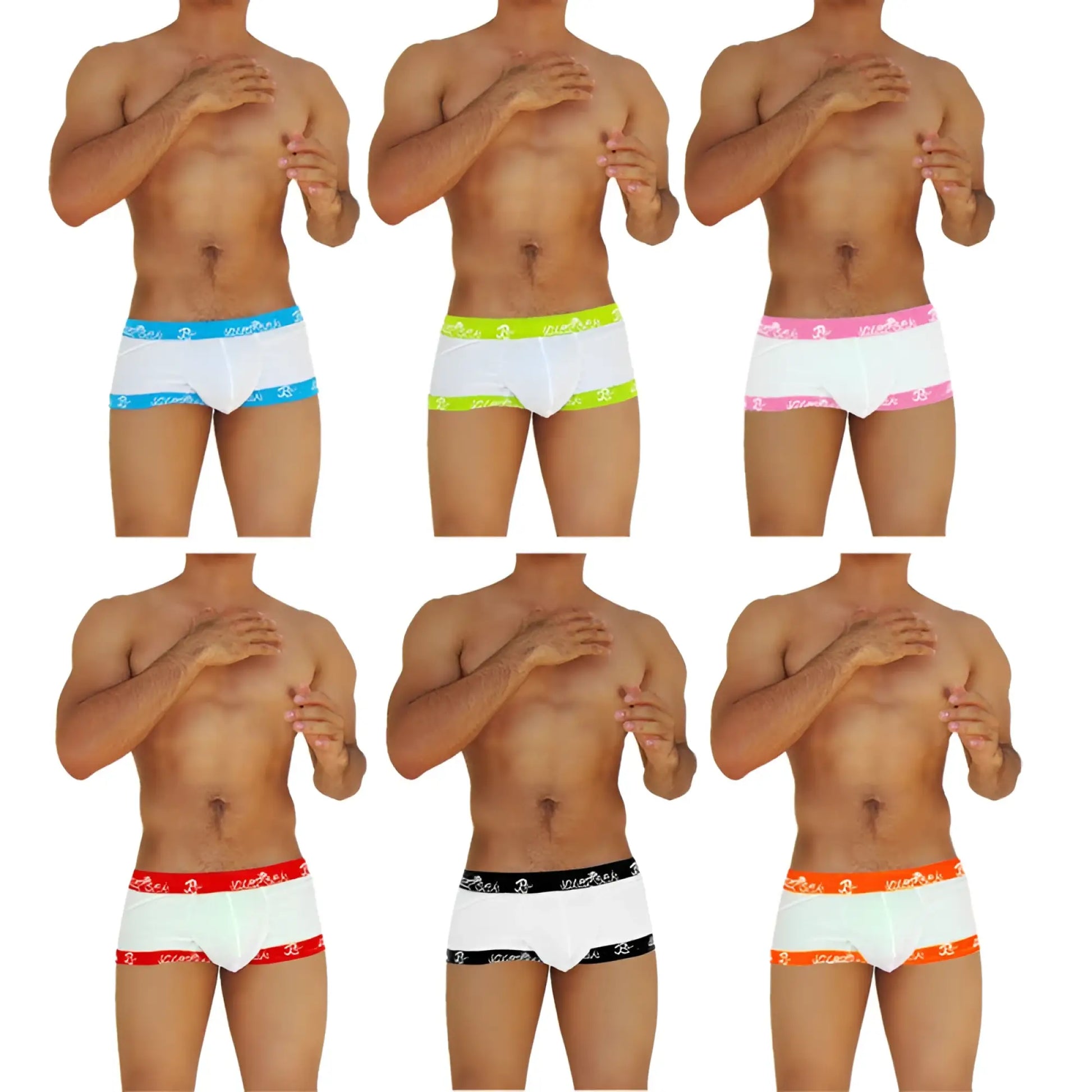 Icker Sea 6 pack fresh dots logo trim white boxer briefs with colorful elastic waistbands in assorted colors