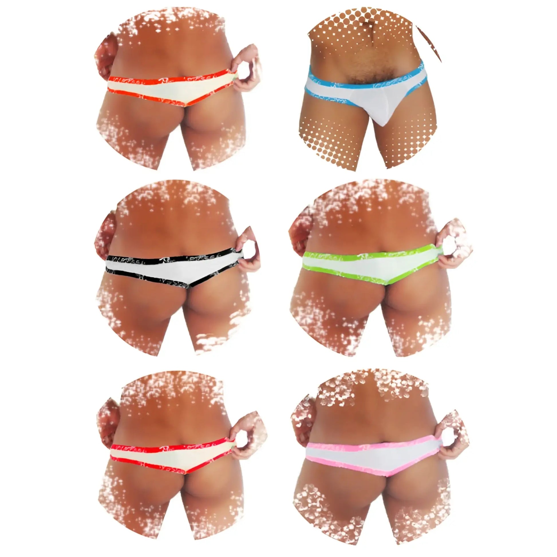 Six pairs of icker sea white men’s briefs with colorful elastic waistbands in assorted colors and fresh dots logo trim