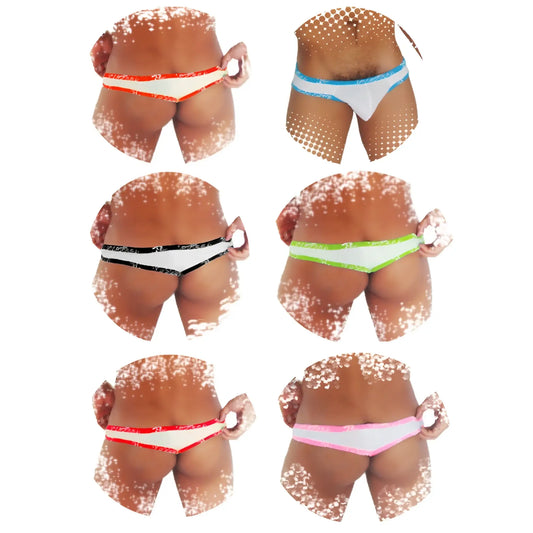 Six pairs of icker sea white men’s briefs with colorful elastic waistbands in assorted colors and fresh dots logo trim