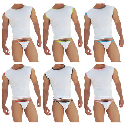 White sleeveless athletic top with fresh dots logo trim in assorted colors from Icker Sea microslip bikini underwear pack