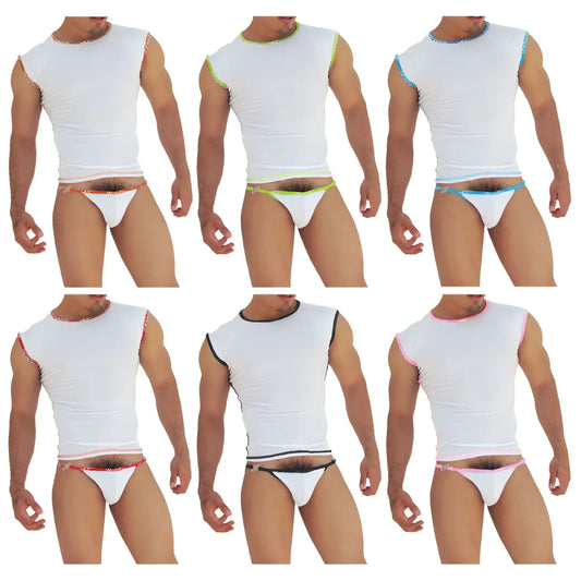 White sleeveless athletic top with fresh dots logo trim in assorted colors from Icker Sea microslip bikini underwear pack