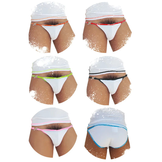 Icker Sea 6 pack white mesh microslip bikini briefs with colorful orange red green black pink and blue elastic trim