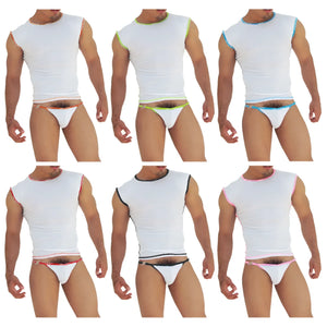 White sleeveless athletic muscle top with fresh dots logo trim and contrasting neckline by icker sea