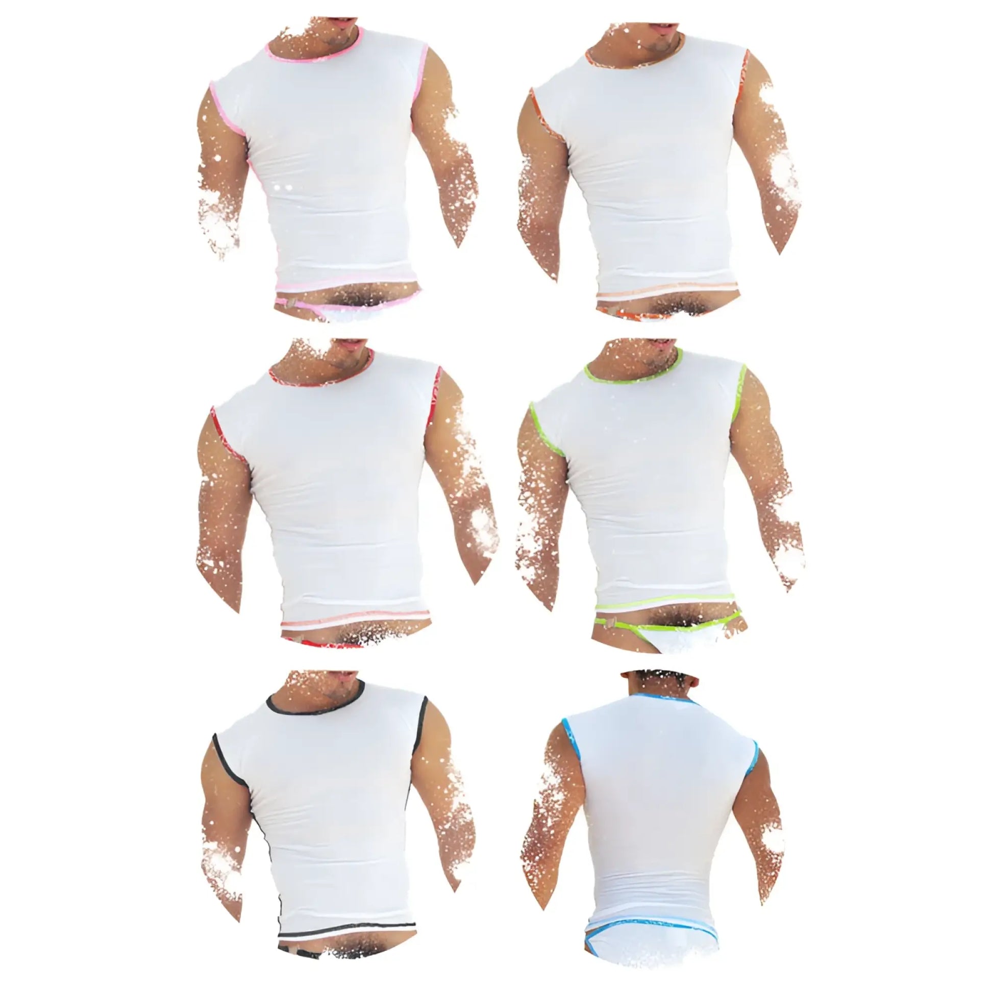 Icker Sea 6 pack white sleeveless muscle tops with fresh dots logo trim in pink red green black and blue assorted colors