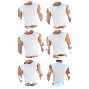 Icker Sea 6 pack white sleeveless muscle tops with fresh dots logo trim in pink red green black and blue assorted colors