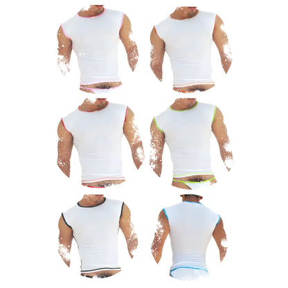 Icker Sea 6 pack white sleeveless muscle tops with fresh dots logo trim in pink red green black and blue assorted colors