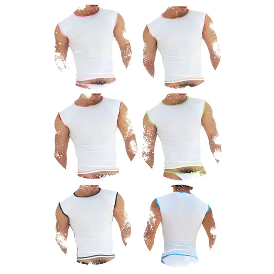 Icker Sea 6 pack white sleeveless muscle tops with fresh dots logo trim in pink red green black and blue assorted colors