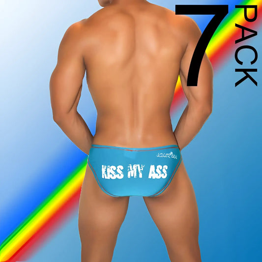 Blue jaxersea swim trunks with white kiss my ass text contrast stitching from icker sea 7 pack bikini underwear