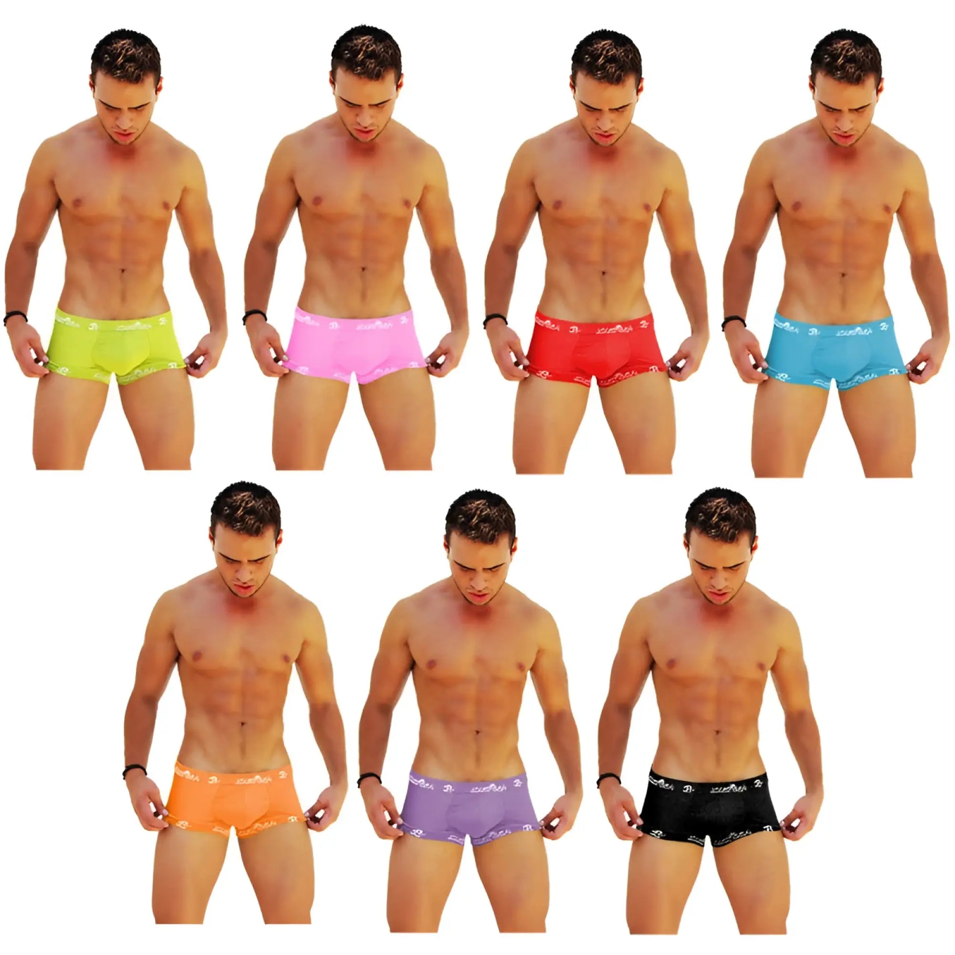 Icker Sea 7 pack logo trim boxer briefs in neon green pink red blue orange purple and black with white waistband trim