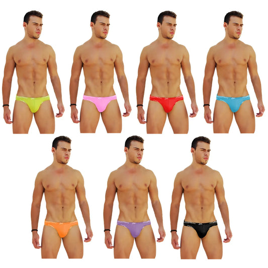 Icker Sea 7 pack logo trim kiss my ass slip bikini underwear with shiny sequined briefs in neon and assorted colors