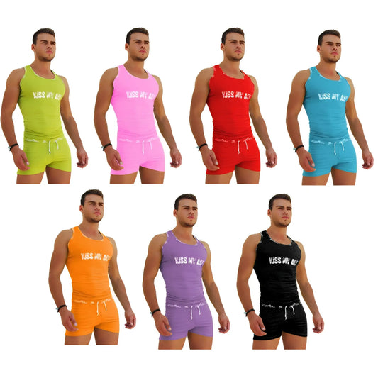 Icker Sea 7 pack tank top and long boxer set in assorted colors with kiss my ass logo trim and side slits