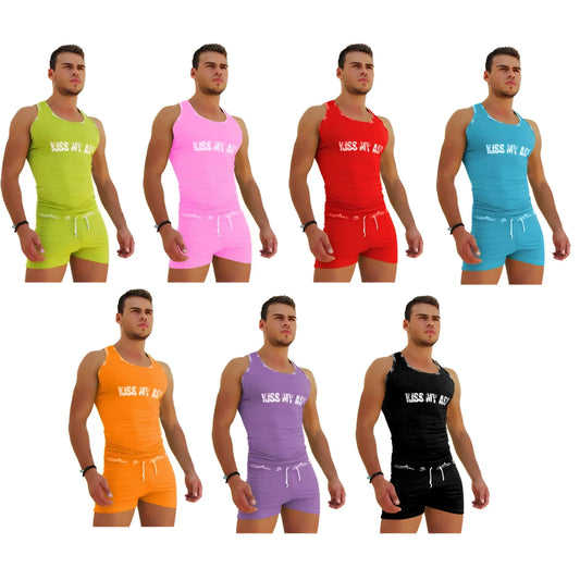 Colorful icker sea 7 pack logo trim kiss my ass tank tops and shorts sets in neon green pink red blue orange purple and black