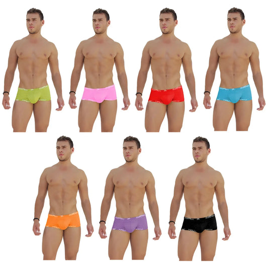 Icker sea 7 pack logo trim low boxer brief underwear in assorted bright colors with subtle patterned trim