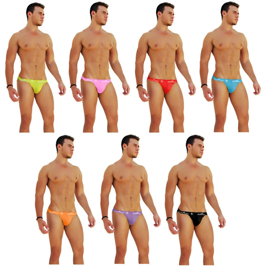 Icker Sea 7 pack logo trim microslip bikini underwear in form fitting neon yellow pink red blue orange purple and black