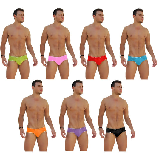 Icker Sea 7 pack mini bikini underwear in assorted bright colors with shiny sequined trim along waistband