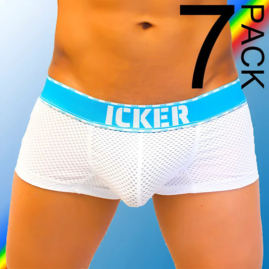 White mesh briefs with bright blue waistband featuring icker brand name from icker sea 7 pack mesh contrast boxer brief underwear