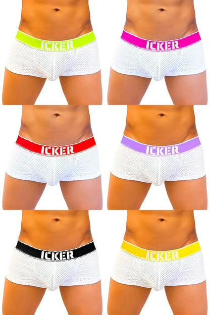 Icker sea 7 pack white mesh boxer briefs with neon green pink red purple black and yellow elastic waistbands