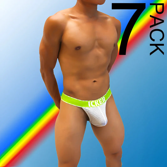 White mesh jockstrap with bright green waistband featuring icker brand name in neon green from icker sea 7 pack mesh contrast thong underwear
